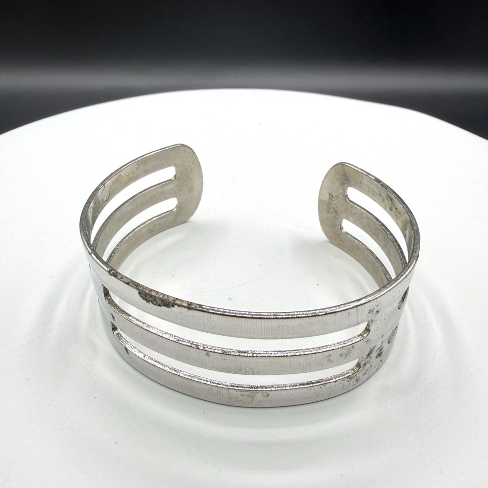 SARAH Silver Tone Openwork Triple Band Cuff Bracelet Modernist Statement Jewelry